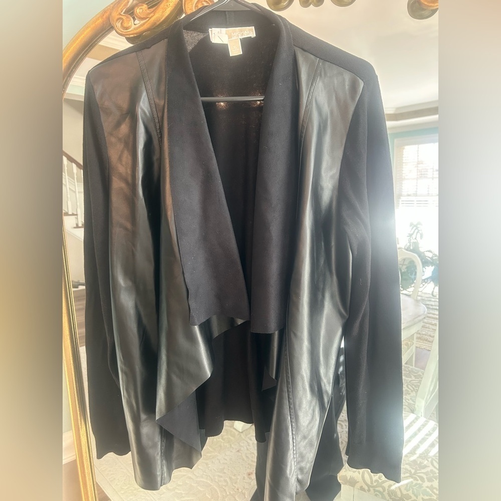 Michael Michael Kors Black Faux Leather Drape Jacket Size XL | Open Front